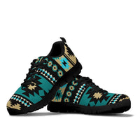 Aztec pattern low-top sneakers, turquoise and gold graphic upper with black sole