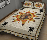 Colorful star centerpiece quilt with horse rider silhouettes, quilt and coordinating pillowcases