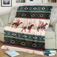 Chief horse blanket with teal and dark green geometric bands plus horse rider figures