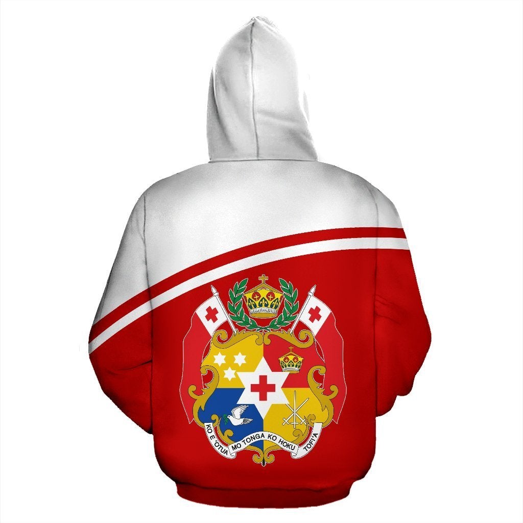 Red zip hoodie back view, Tonga crest emblem with cross, red-and-white arcing stripes