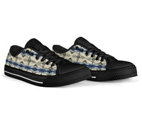 Pair of low-top canvas shoes, beige-and-blue geometric uppers with black toe and laces