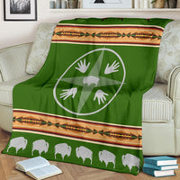Green Native American pride blanket with bison and medicine wheel emblem, striped border