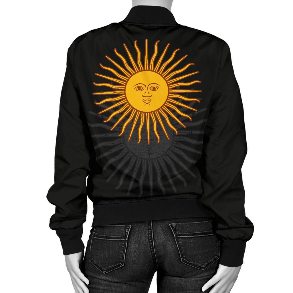 Black bomber jacket back view with large yellow sun-face print