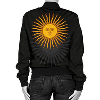 Black bomber jacket back view with large yellow sun-face print