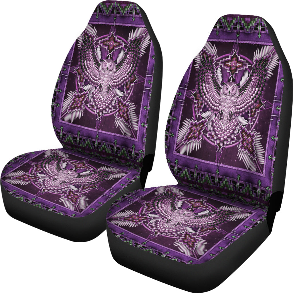 Purple front seat covers with thunderbird mandala design and beaded geometric details