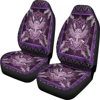 Purple front seat covers with thunderbird mandala design and beaded geometric details