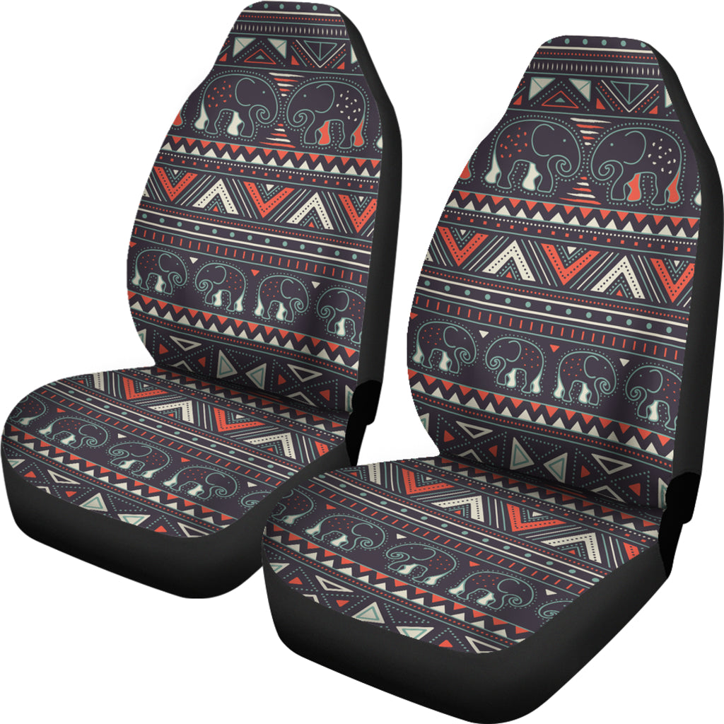 Pair of front car seat covers with elephant motif in tribal stripe design