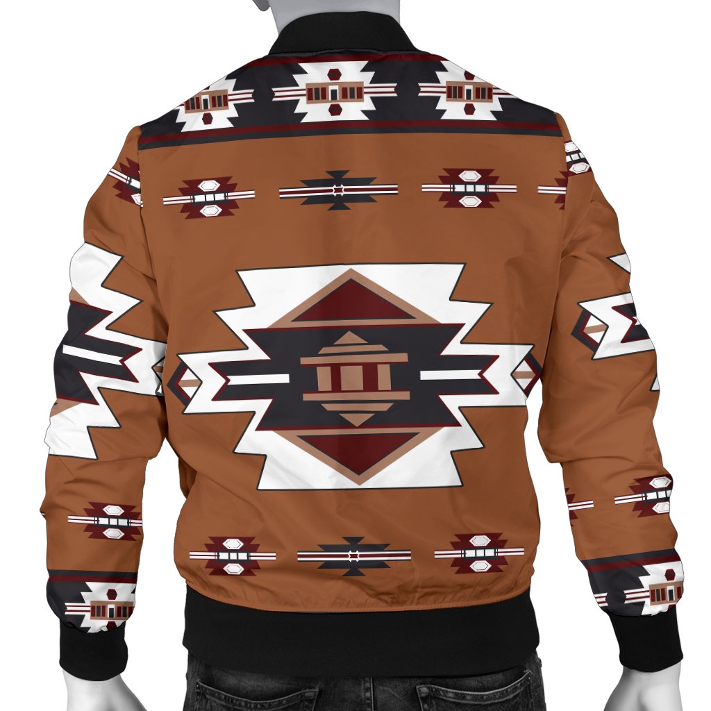 Back view unisex bomber jacket in brown with large star-shaped Native geometric print