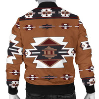 Back view unisex bomber jacket in brown with large star-shaped Native geometric print