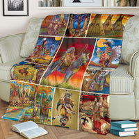 Native American print jigsaw blanket draped over sofa, multicolor square panels
