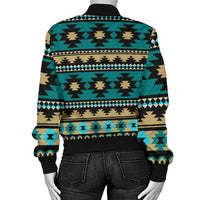 Back view of teal Aztec bomber jacket with geometric bands and black ribbed hem