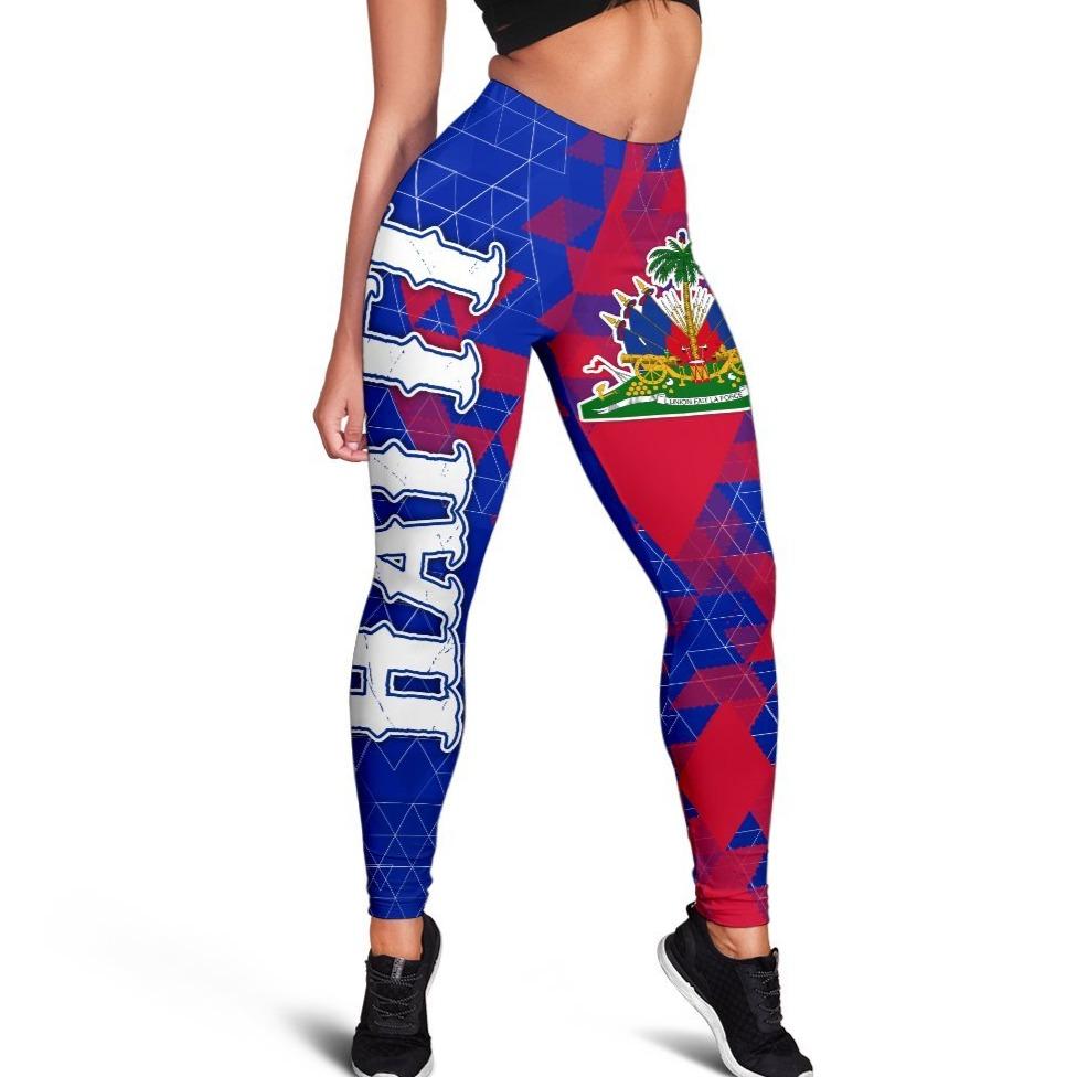 Blue Haiti flag polygon leggings with white map outline and red/green emblem design