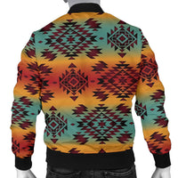 Rückenansicht Bomberjacke mit buntem Tribal-Print, schwarz eingefasster Kragen, Reißverschluss