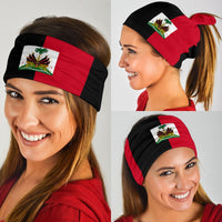Haiti flag bandana worn as headband and face mask, black-red stripes with crest