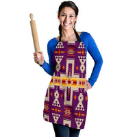 Purple Native-style geometric apron with colorful pattern; front bib and black straps