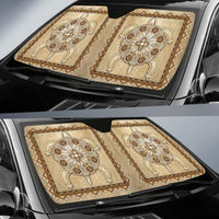Beaded Native American design auto sun shade, two tan panels on car windshield