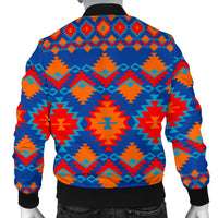 Men’s geometric bomber jacket, back view with colorful Aztec pattern and black ribbed hem cuffs