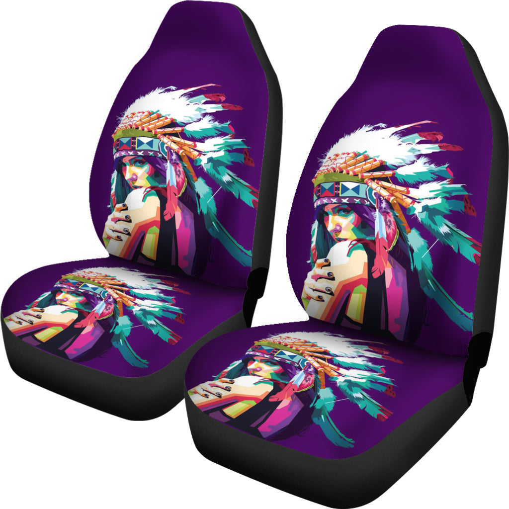 Set of 2 purple seat covers featuring multicolor girl feather headdress print and black trim