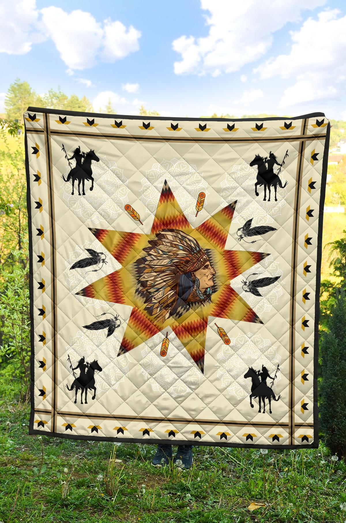 Multicolor Native American chief and warriors quilt, white backing, starburst design, horses and birds
