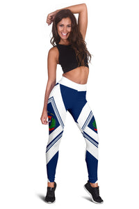 Dominican leggings, fitted full length, navy and white geometric print with crest