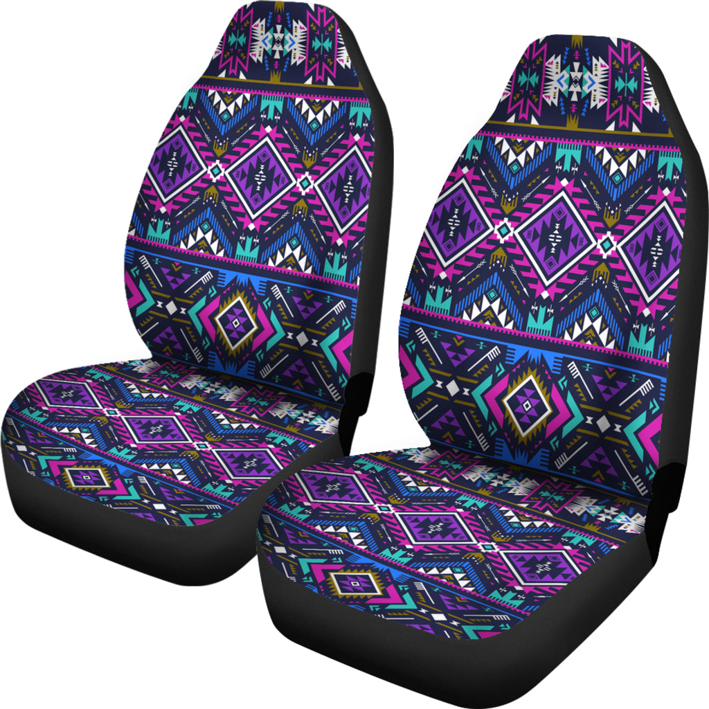Two car seat covers with purple tribal geometric pattern, black edges