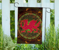 Brown flag on two hooks, Welsh dragon and Celtic tree crest in circular Celtic knot