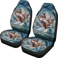 Set of two wolf-pattern car seat covers with matching front seat and backrest prints