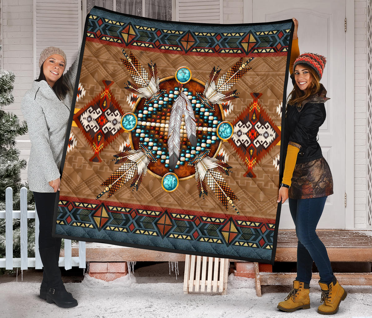 Brown quilt blanket with turquoise circular accents, feather centerpiece, and dark patterned border