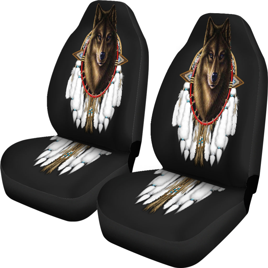 Front seat covers pair, black with brown wolf graphic, red beaded dreamcatcher and white feathers