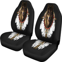 Front seat covers pair, black with brown wolf graphic, red beaded dreamcatcher and white feathers