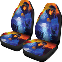 Car seat covers pair with hooded girl portrait, wolves, and moonlit forest print