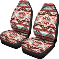 Pair of red, white and teal geometric car seat covers with black sides