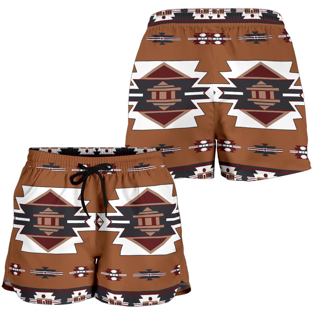 Women’s all-over print shorts, brown with large diamond temple graphics, drawstring tie