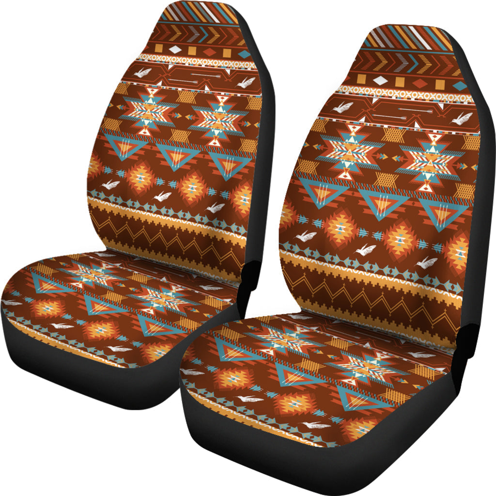 Brown multicolor car seat covers with bird and geometric motifs, black edges