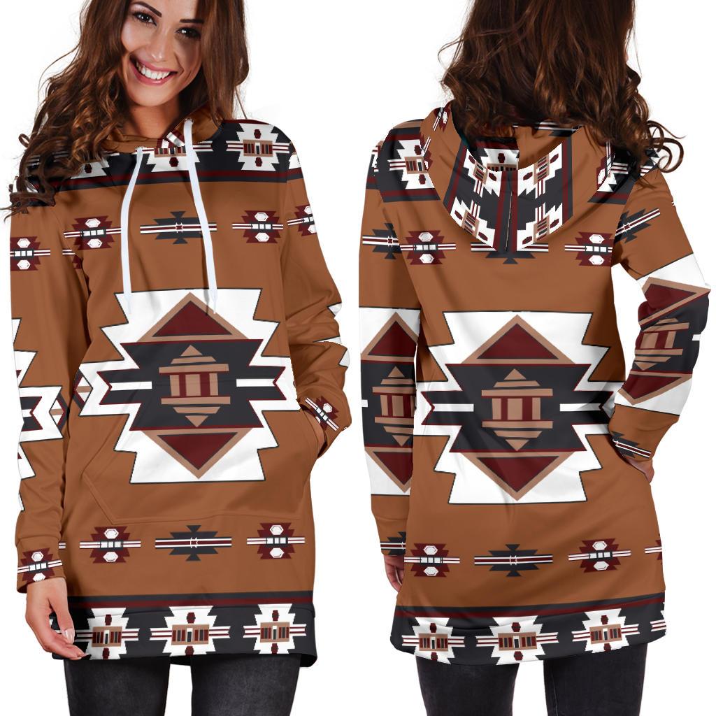 Hoodie dress with large Native emblem on chest, multicolor print, drawstring hood, long sleeves