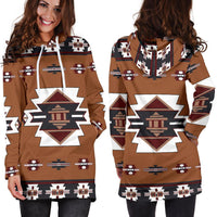 Hoodie dress with large Native emblem on chest, multicolor print, drawstring hood, long sleeves