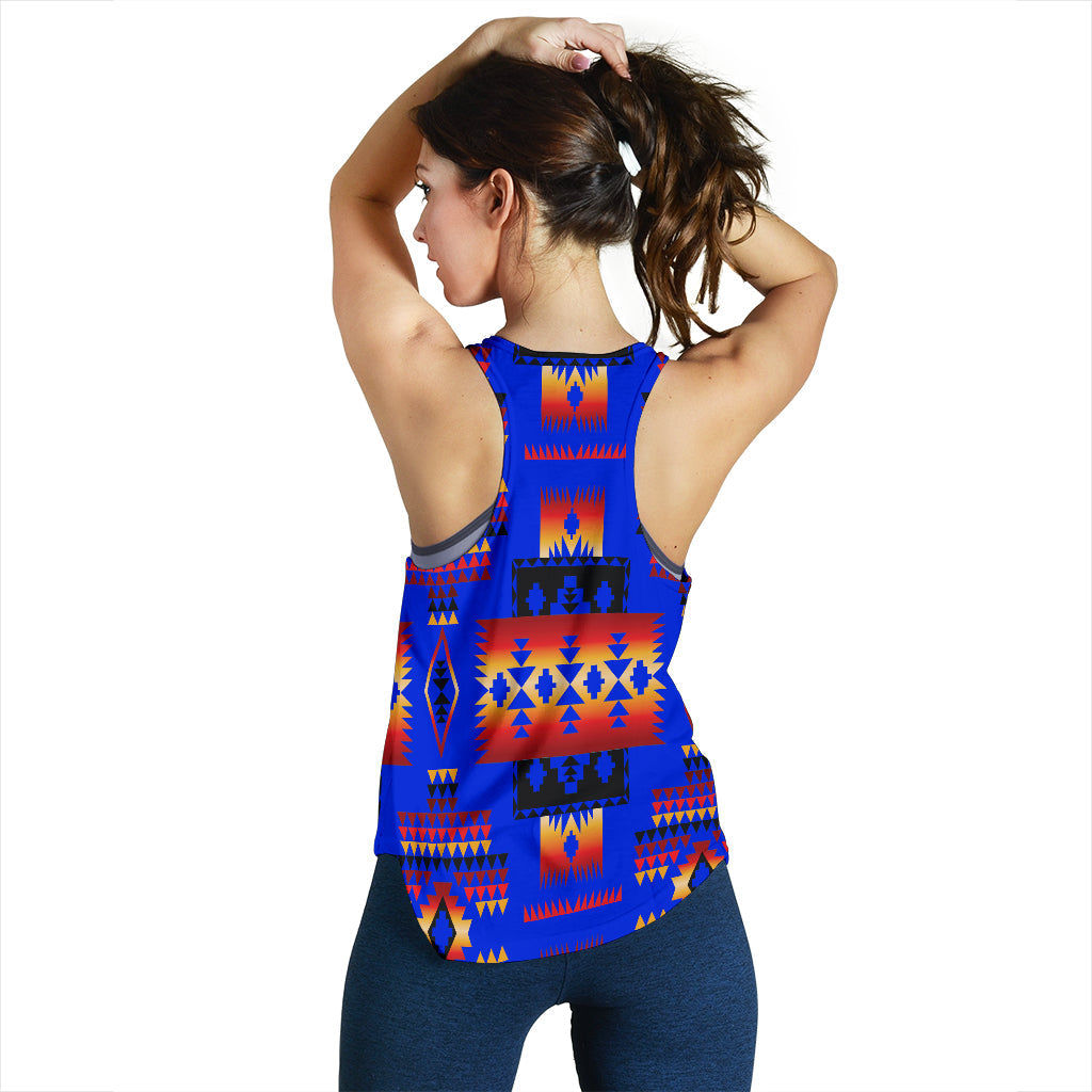 Back view dark blue racerback tank top with multicolor Native-inspired geometric pattern