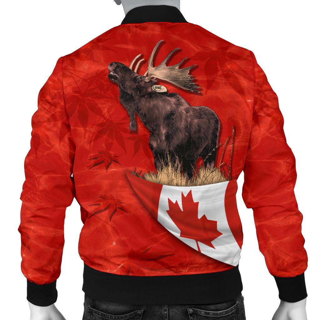 Back of red bomber jacket with moose graphic and Canada flag, black ribbed hem, zip.