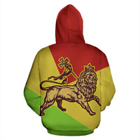 Multicolor pullover hoodie back with hood; red/yellow/green panels and crowned lion graphic