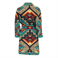Colorful bath robe with geometric diamond print and shawl collar, long sleeves