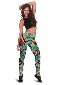 Women's native geometric leggings, multicolor pattern with bold side motifs, full length