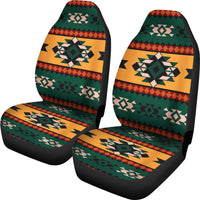 Two LT10 front seat covers with multicolor Aztec geometric pattern