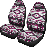 Pair of car seat covers in purple, white and gray geometric pattern with black sides