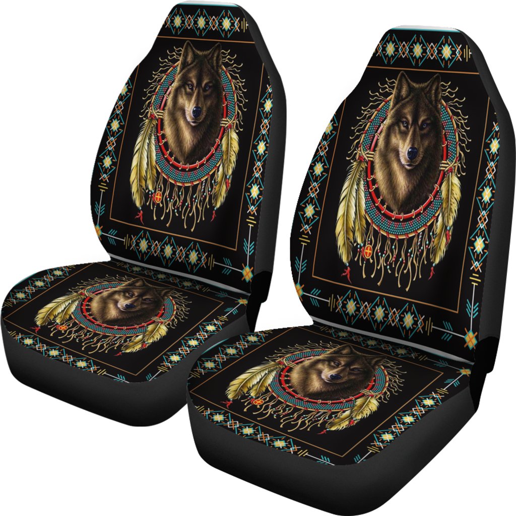 Pair of black car seat covers with wolf face, dreamcatcher beads, and tribal patterns