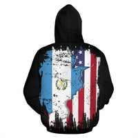 Black hoodie back with multicolor flag graphic: Guatemala map, stars, and red stripes