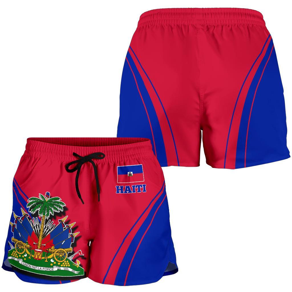 Pair of red and blue Haiti shorts, elastic waistband, side stripes, drawstring