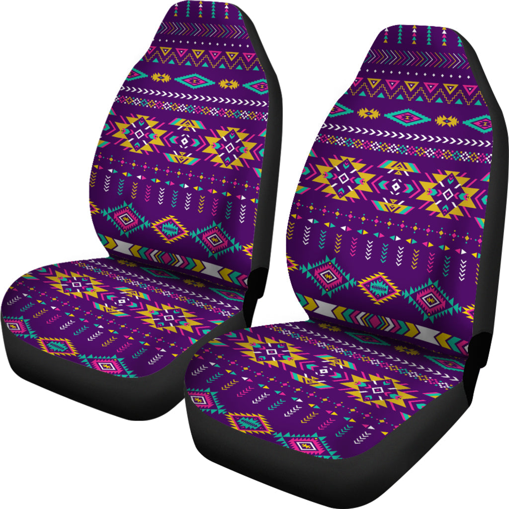 Light purple multicolor geometric car seat cover set, two seats with black side edges
