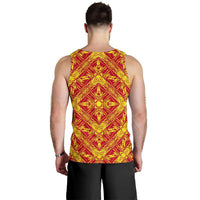 Polynesian men's tank top back view, sleeveless red with yellow geometric print