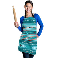 Teal apron with turquoise native stripes and feather motifs, black neck ties