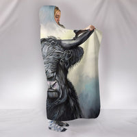 Wearable hooded blanket with Highland cow portrait print, pointed hood opening
